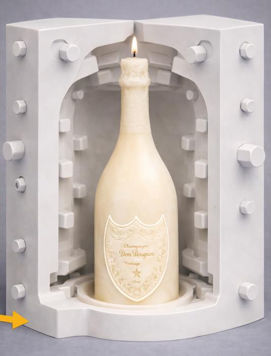 Candela YLOR a forma di bottiglia di champagne all'interno dello stampo in silicone, esempio di made-to-order