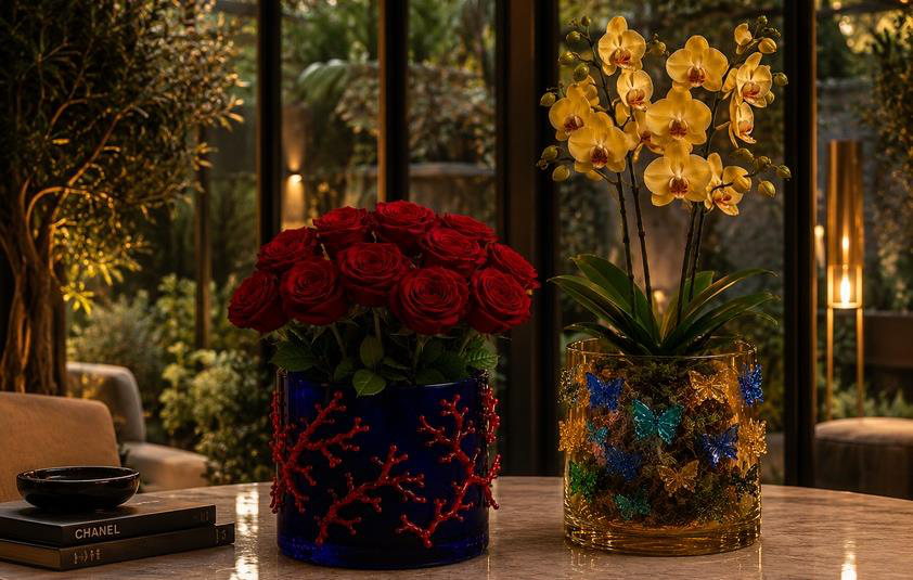 Composizioni floreali in contenitori YLOR in un ambiente hospitality di lusso