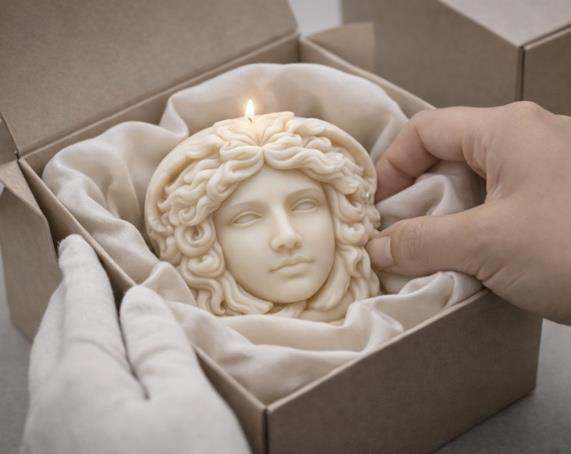 Candela scultorea Medusa YLOR confezionata in packaging artigianale con tessuti naturali
